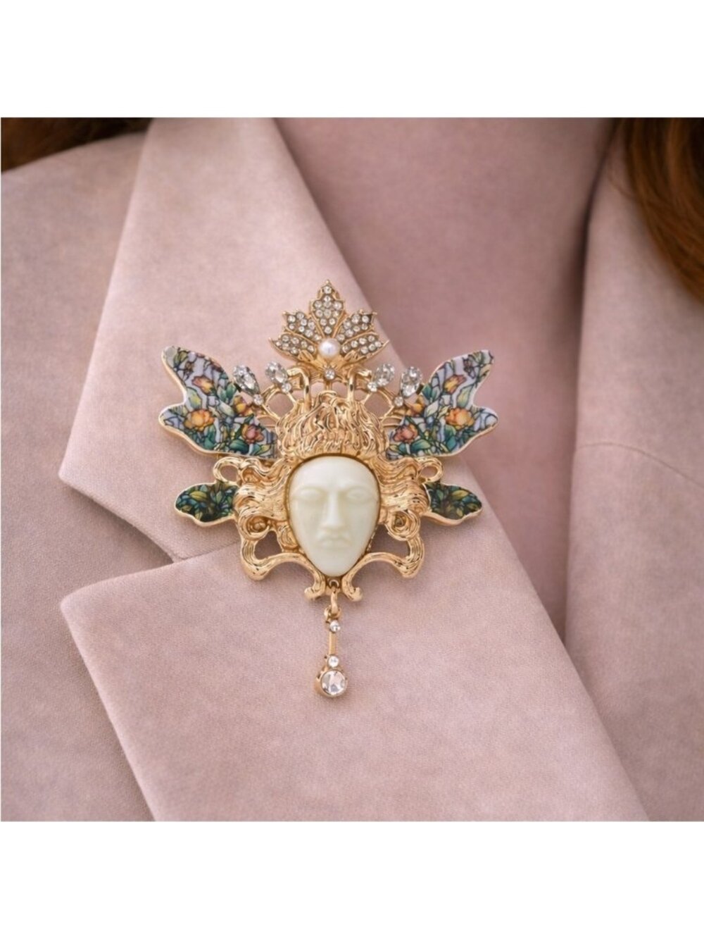 Face Mask Surrealism Gold Jewel Brooch